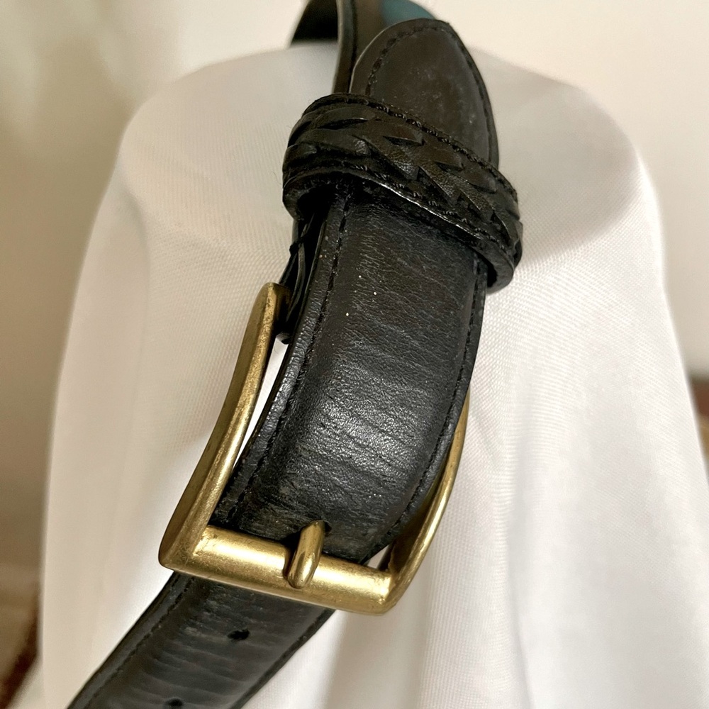 Black Leather COACH Belt 36” Braid Detail Brass Buckle - Picture 3 of 8